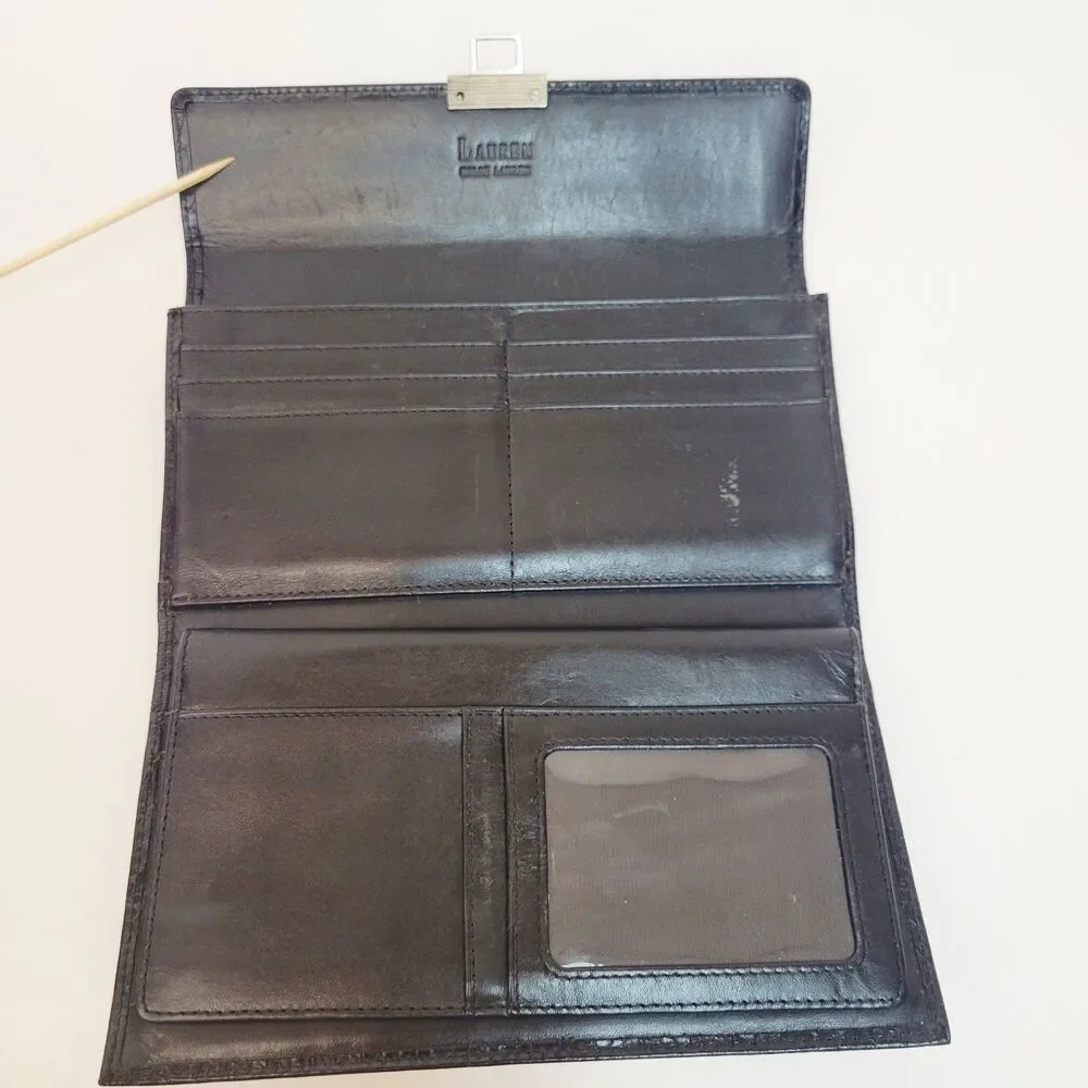 Vintage Lauren Ralph Lauren Black Croc Embossed Leather Checkbook Wallet